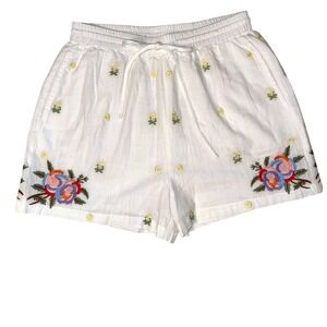 In Loom White Cotton Gauze Floral Embroidered Shorts Women's Medium